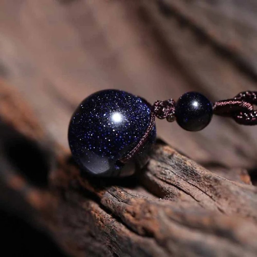 Natural 16mm Blue Goldstone Bead Pendant Necklace